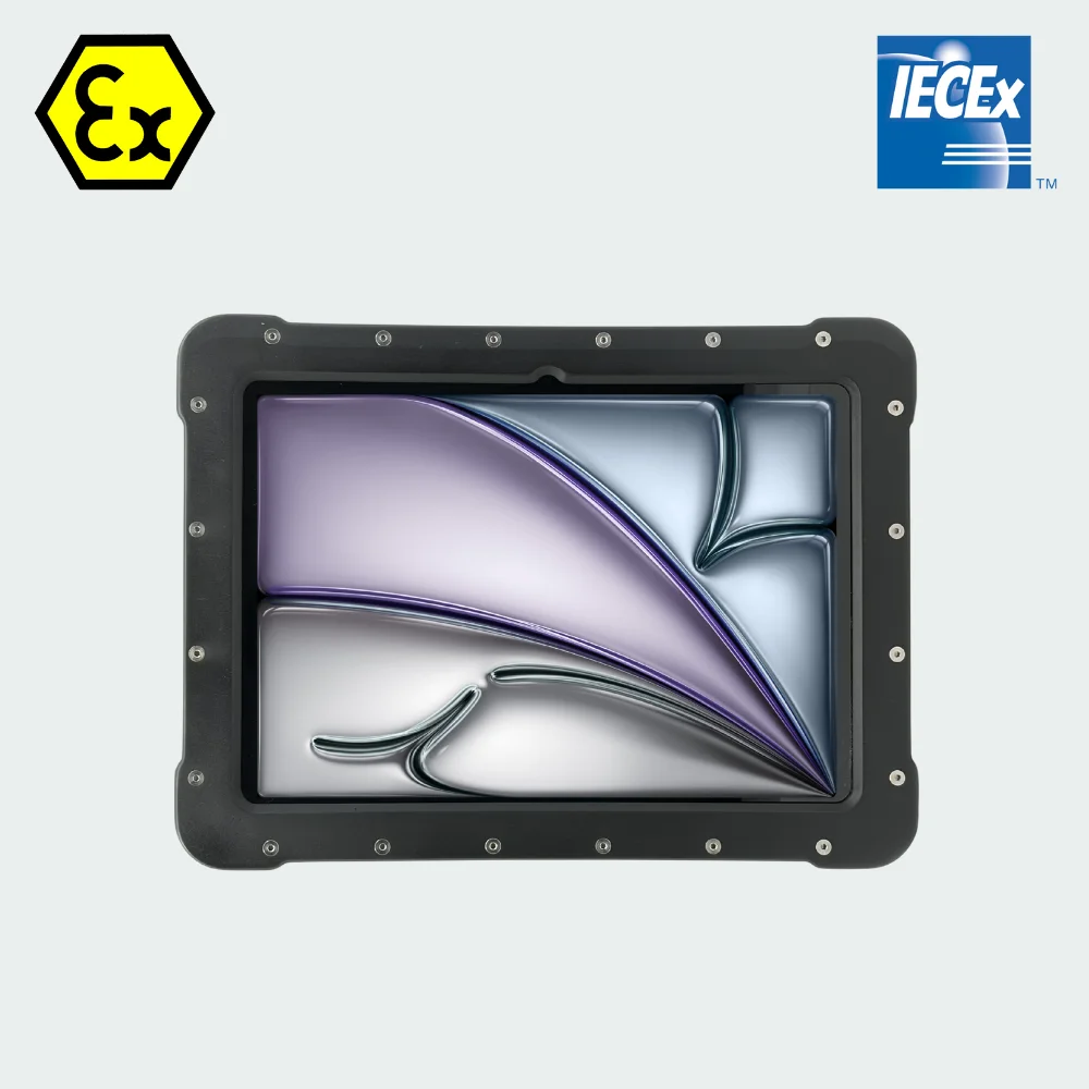 Armadex Ex UniCase iPad Air M4 ATEX/IECEx Tablet - Armadex Ex UniCase met iPad Air in schuine weergave met zichtbaar touchscreen achter het slagvaste displayvenster