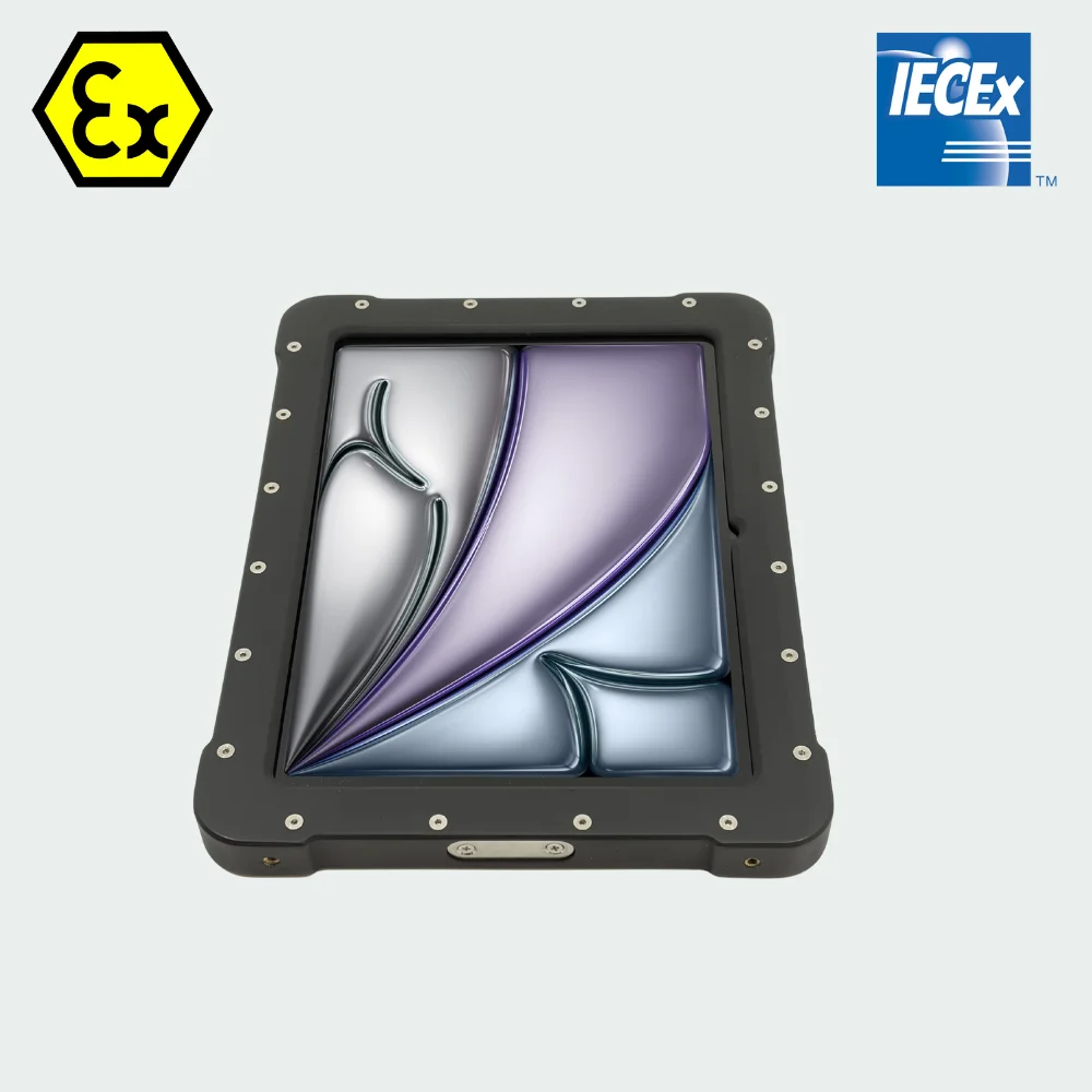 Armadex Ex UniCase iPad Air M4 ATEX/IECEx Tablet - Armadex Ex UniCase achterzijde met certificeringsmarkeringen en robuuste POM-C behuizing