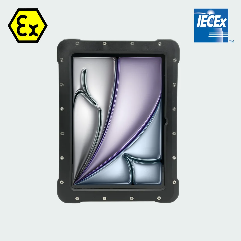 Armadex Ex UniCase iPad Air M4 ATEX/IECEx Tablet - Armadex Ex UniCase met iPad Air, ATEX tablet vooraanzicht met gecertificeerde zwarte behuizing en beschermd 11 inch display